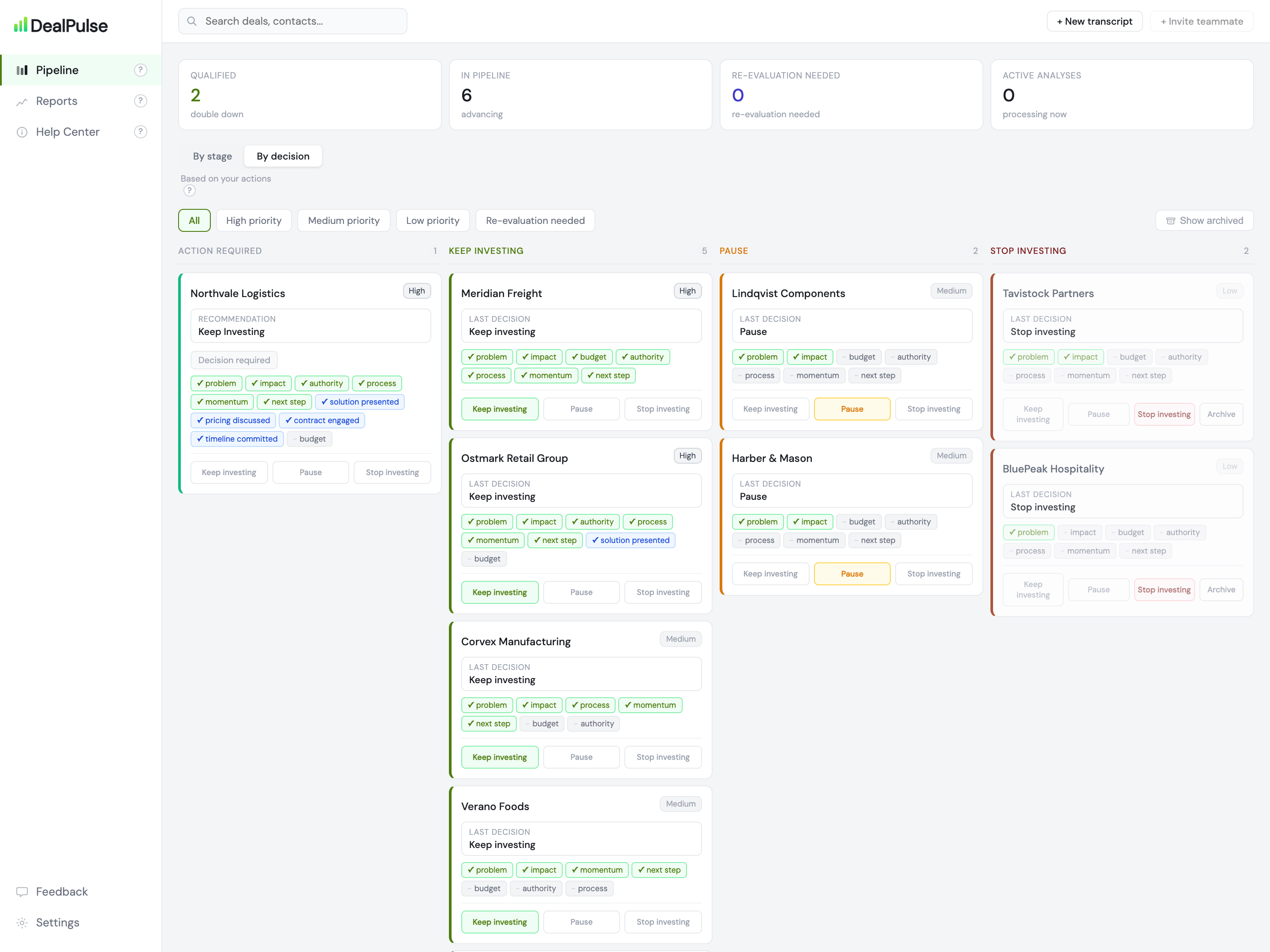 The DealPulse pipeline board with deals grouped by your Keep, Pause or Stop decision