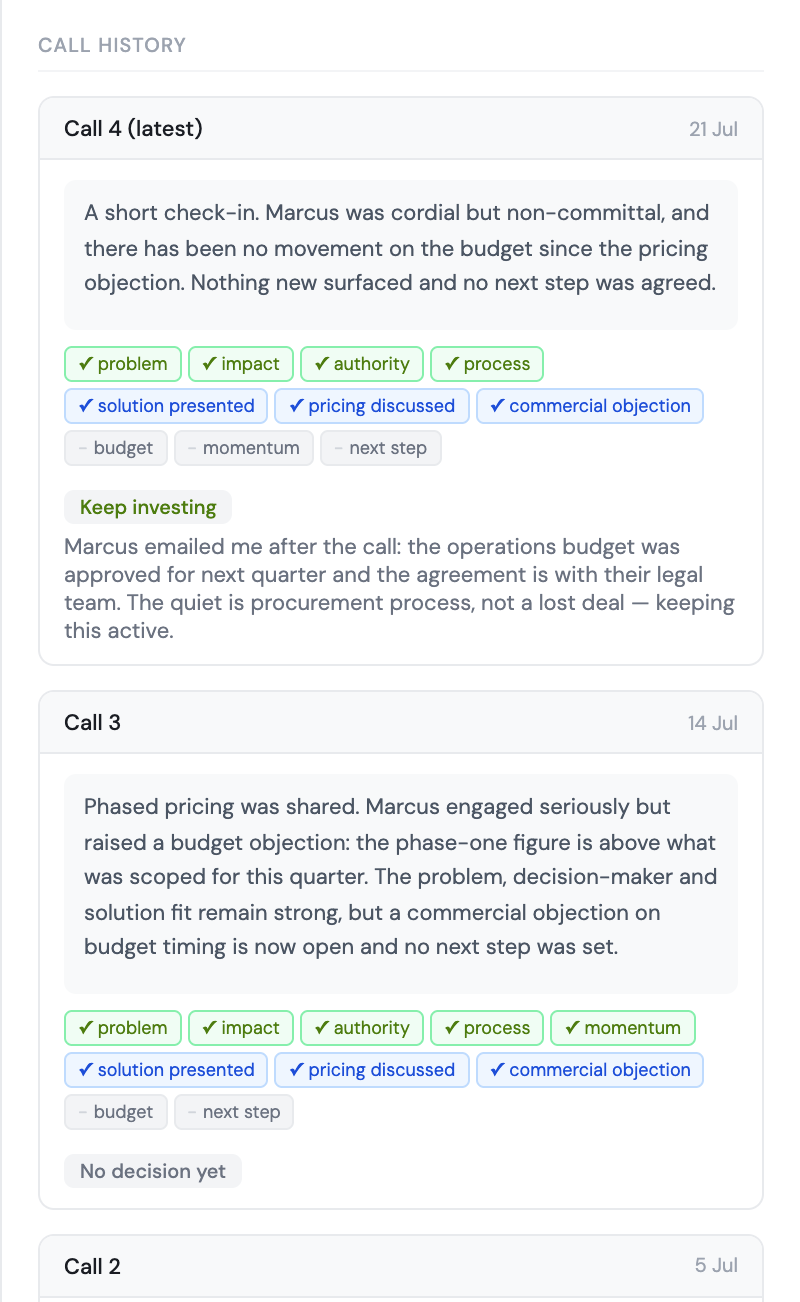 Call history showing each call's summary, its signals and how the recommendation shifted