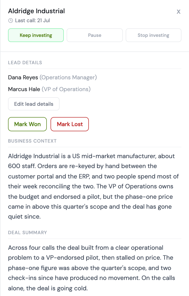 A deal panel showing participants, business context, deal summary and the current recommendation