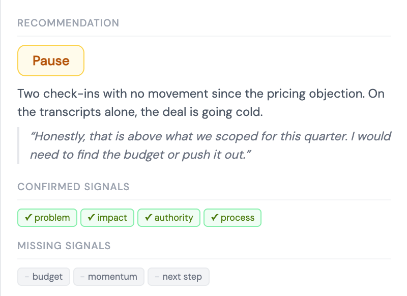 A recommendation with the supporting call quote and confirmed versus missing signals