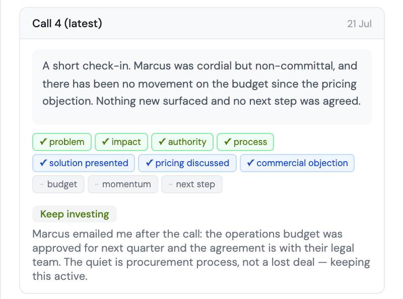 A user overriding the AI recommendation to Keep investing, with the reason recorded
