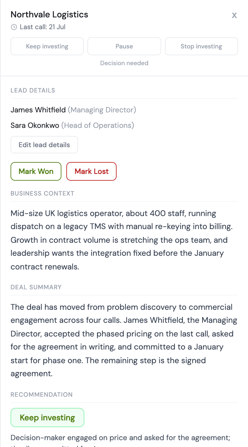 A deal panel showing the decision-maker, business context, deal summary and a Keep investing recommendation